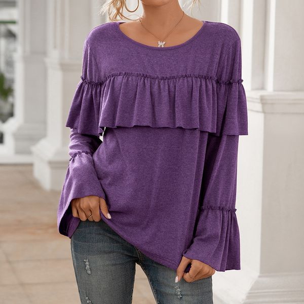 2021 spring / summer loose casual ruffle stitching long sleeve solid medium long t-shirt women, White
2021 spring / summer loose casual ruffle stitching long sleeve solid medium long t-shirt women, White