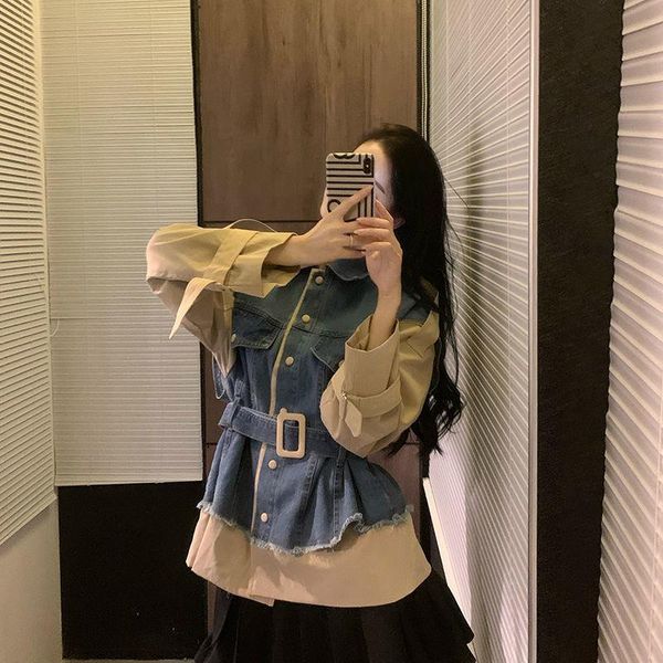 women's jackets spring 2021 splicing long sleeve denim windbreaker jacket women fake two piece medium length loose skinny, Black;brown
women's jackets spring 2021 splicing long sleeve denim windbreaker jacket women fake two piece medium length loose skinny, Black;brown