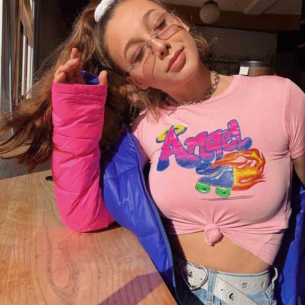 women's t-shirt cotton shourt sleeve pink cute letter printed crop o-neck casual women summer tee fashion streetwear, White
women's t-shirt cotton shourt sleeve pink cute letter printed crop o-neck casual women summer tee fashion streetwear, White