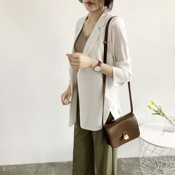 women's suits & blazers korean style elegant loose chiffon for women fashion notched three quarter split hem solid color thin blazer fe, White;black
women's suits & blazers korean style elegant loose chiffon for women fashion notched three quarter split hem solid color thin blazer fe, White;black