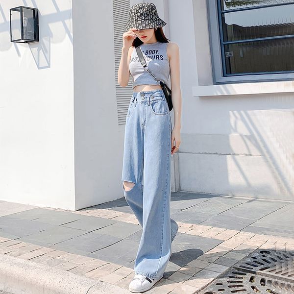 women's jeans broken denim wide-leg pants women's high waist drape tall loose mopping wind summer thin section tgkz, Blue
women's jeans broken denim wide-leg pants women's high waist drape tall loose mopping wind summer thin section tgkz, Blue