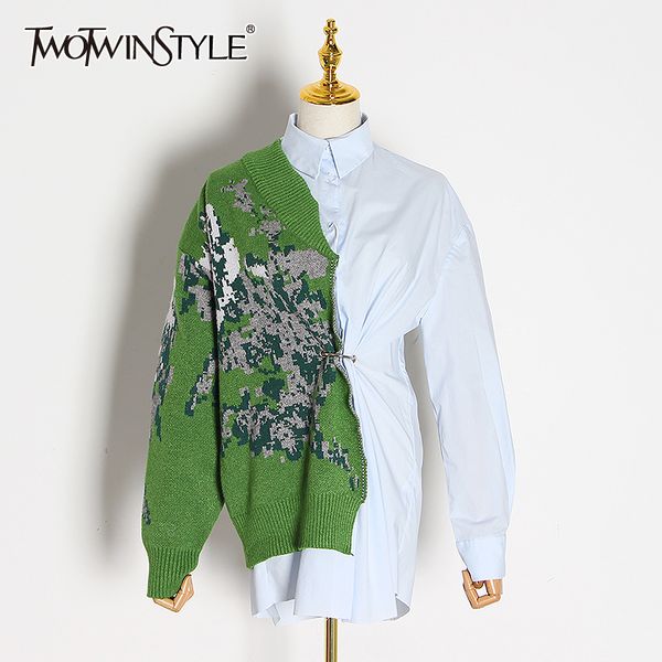 twotwinstyle patchwork hit color kitting shirts female lapel collar long sleeve high waist tunic irregular blouses women fashion 210302, White
twotwinstyle patchwork hit color kitting shirts female lapel collar long sleeve high waist tunic irregular blouses women fashion 210302, White