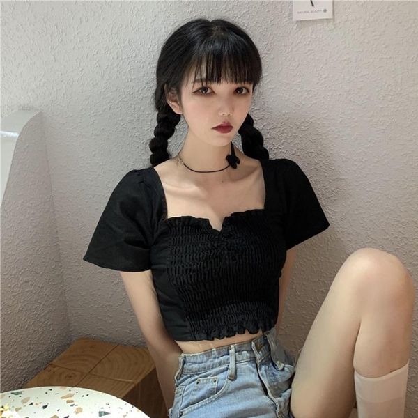 women's t-shirt design sense square collar short sleeve internet ins trendy super navel clavicle with, White
women's t-shirt design sense square collar short sleeve internet ins trendy super navel clavicle with, White