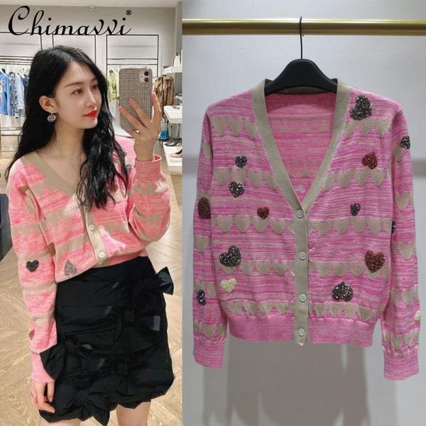 women's knits & tees woman retro all-matching heart embroidered sequins pink cardigans jacquard stripes v-neck knitted cropped sweater, White
women's knits & tees woman retro all-matching heart embroidered sequins pink cardigans jacquard stripes v-neck knitted cropped sweater, White