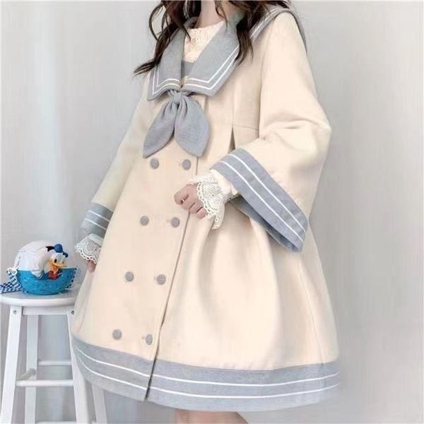 women's wool & blends japanese girl kawaii sweet preppy style stitching woolen coat lolita navy collar mid-length cute, Black
women's wool & blends japanese girl kawaii sweet preppy style stitching woolen coat lolita navy collar mid-length cute, Black