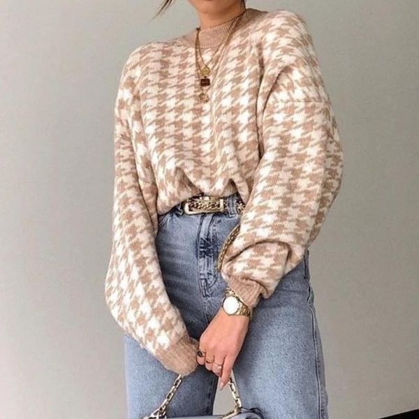 women's sweaters houndstooth oversized knitted sweater women long sleeve loose plaid pullover female autumn winter retro jumper drop, White;black
women's sweaters houndstooth oversized knitted sweater women long sleeve loose plaid pullover female autumn winter retro jumper drop, White;black