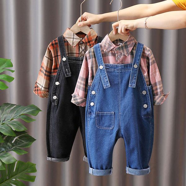 6199 boys' and girls' suspenders 2020 new children's baby plaid long sleeve autumn two piece set, Blue 
6199 boys' and girls' suspenders 2020 new children's baby plaid long sleeve autumn two piece set, Blue