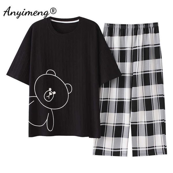fashion cotton pajama set women summer short sleeve 4xl 5xl big sleepwear black bear printed plaid quarter pants women's pajamas 210622, Black;red
fashion cotton pajama set women summer short sleeve 4xl 5xl big sleepwear black bear printed plaid quarter pants women's pajamas 210622, Black;red