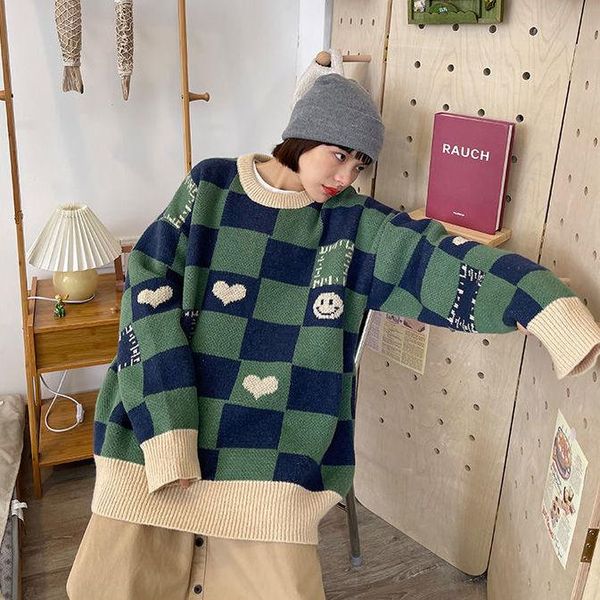 women's sweaters korean checkerboard love jacquard round neck sweater female autumn and winter loose bf knit student, White;black
women's sweaters korean checkerboard love jacquard round neck sweater female autumn and winter loose bf knit student, White;black