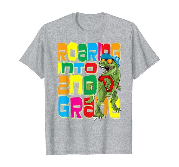 roaring into 2nd grade t rex back to school dinosaur t-shirt, White;black 
roaring into 2nd grade t rex back to school dinosaur t-shirt, White;black
