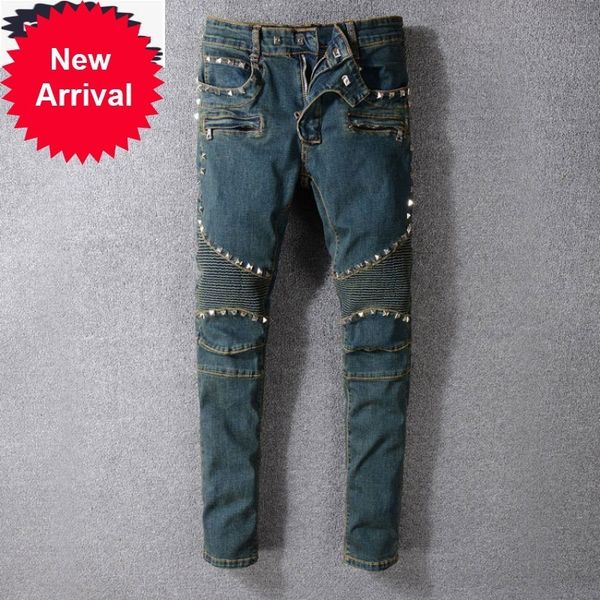 vintage washed mens biker jeans punk style studded slim fit pleated pencil rivet motorcycle denim pants big size trousers, Blue
vintage washed mens biker jeans punk style studded slim fit pleated pencil rivet motorcycle denim pants big size trousers, Blue