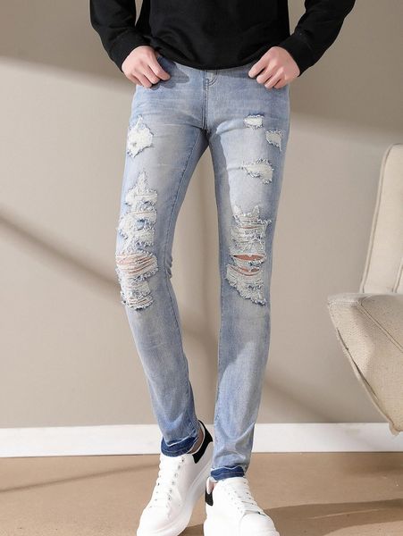 men ripped bleach wash jeans w8gv#, Blue