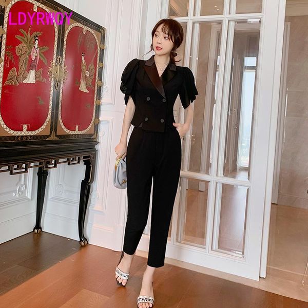 women's two piece pants ldyrwqy short-sleeved double-breasted fashion + slim black zipper trousers two-piece suit korean version, White
women's two piece pants ldyrwqy short-sleeved double-breasted fashion + slim black zipper trousers two-piece suit korean version, White