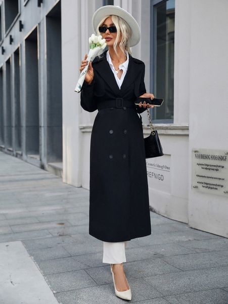 lapel neck double breasted belted trench coat h29d#, Tan;black
lapel neck double breasted belted trench coat h29d#, Tan;black