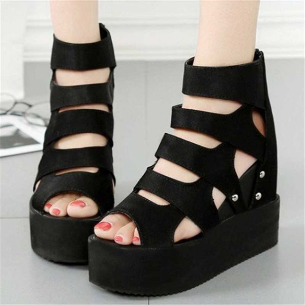 women wedge 11cm super high heel sandals hollow peep toe rear zip gladiator sandal summer faux suede platform casual shoes, Black 
women wedge 11cm super high heel sandals hollow peep toe rear zip gladiator sandal summer faux suede platform casual shoes, Black