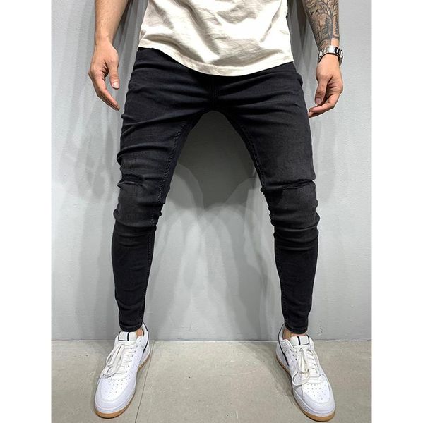 men's jeans men solid color denim trousers fashion male black slim fit middle waist ripped skinny long pants with pockets, Blue
men's jeans men solid color denim trousers fashion male black slim fit middle waist ripped skinny long pants with pockets, Blue