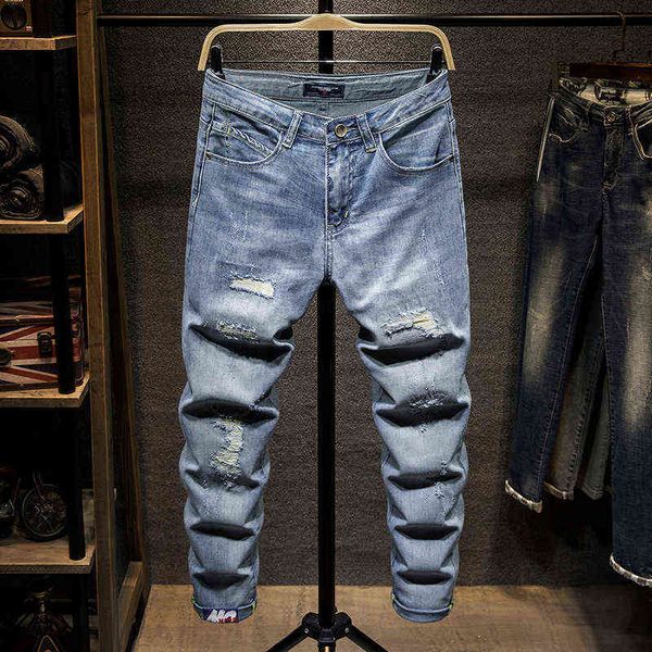 men's jeans 2021 autumn nine point jeans with hol trend slim fit small feet korean thin casual men's pants, Blue
men's jeans 2021 autumn nine point jeans with hol trend slim fit small feet korean thin casual men's pants, Blue