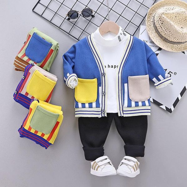 spring autumn children cotton clothes baby boys v-neck coat t shirts pants 3pcs/sets infant kids add velvet toddler tracksuits, White
