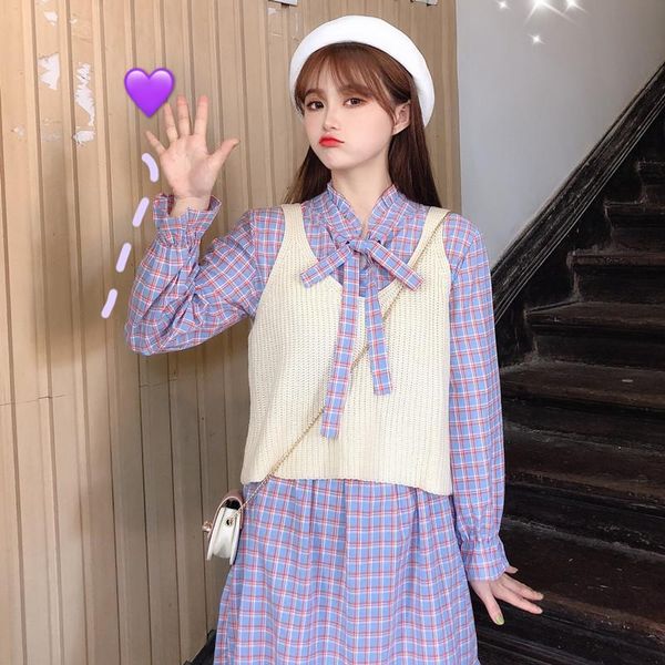 two piece dress autumn women small fresh cute bowknot literary plaid long sleeve & young girl outside sweater vest mori college style, White
two piece dress autumn women small fresh cute bowknot literary plaid long sleeve & young girl outside sweater vest mori college style, White