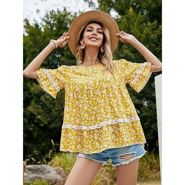 women's blouses & shirts women sweet yellow floral print blouse summer casual t o neck short flared sleeves elegant lady chic ruffles, White
women's blouses & shirts women sweet yellow floral print blouse summer casual t o neck short flared sleeves elegant lady chic ruffles, White