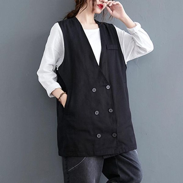 women's vests retro casual double-breasted black waistcoat jacket big size loose womens sleeveless cardigan lady v-neck cotton vest coa, Black;white 
women's vests retro casual double-breasted black waistcoat jacket big size loose womens sleeveless cardigan lady v-neck cotton vest coa, Black;white