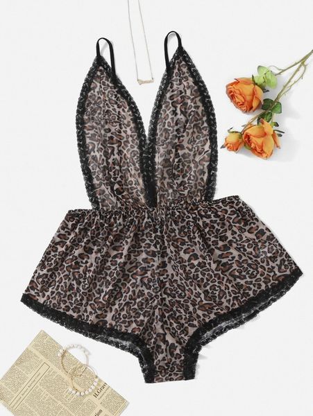 plus leopard lace trim romper bodysuit n8cy#, Black;white