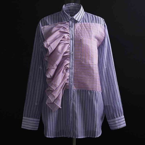women's knits & tees women ruffles stripe blouse sheer colorblock long sleeve loose high street jktf, White
women's knits & tees women ruffles stripe blouse sheer colorblock long sleeve loose high street jktf, White
