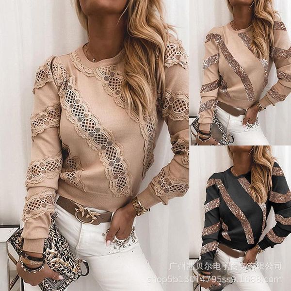 women's t-shirt 2021 lace sequin stitching long-sleeved round neck striped top, White
women's t-shirt 2021 lace sequin stitching long-sleeved round neck striped top, White