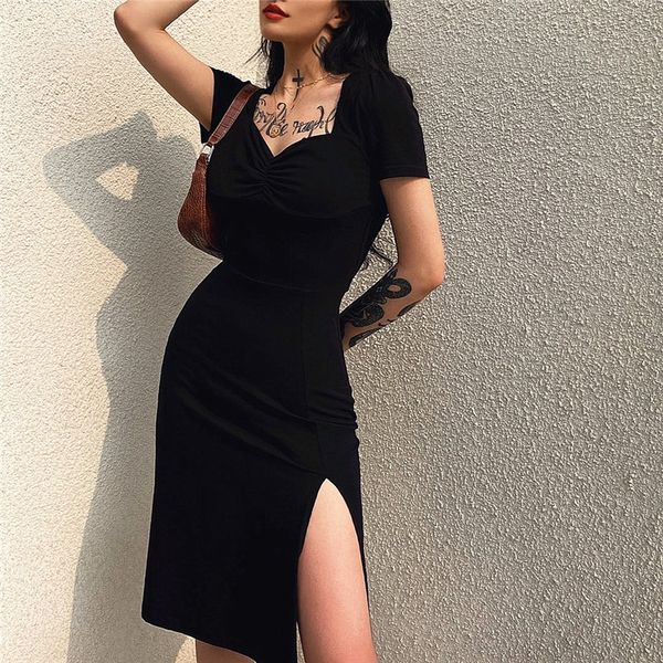summer square neck elegant ruched dress gothic streetwear ladies short sleeve casual solid color side split dresses, Black;gray
summer square neck elegant ruched dress gothic streetwear ladies short sleeve casual solid color side split dresses, Black;gray