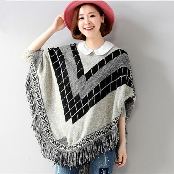 women's sweaters and american style loose female fringed bat sleeve shawl cloak jacket with thicker pullover large-dock knitted sweater, White;black
women's sweaters and american style loose female fringed bat sleeve shawl cloak jacket with thicker pullover large-dock knitted sweater, White;black