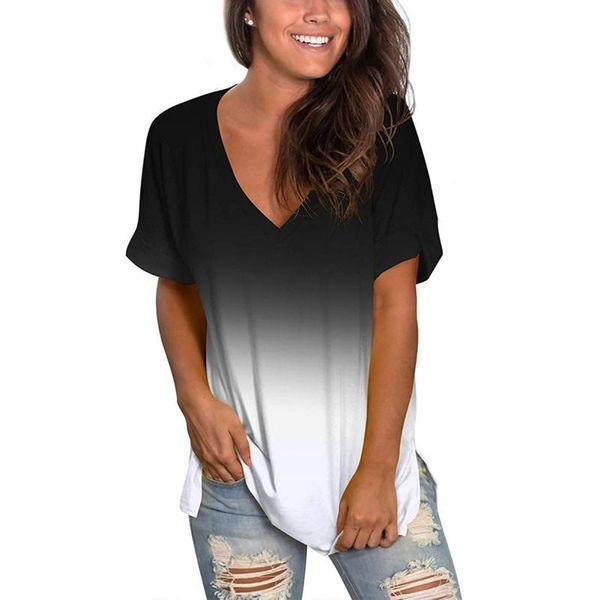 women's t-shirt spring and summer women's print gradient v-loose short sleeves underground boating, White
women's t-shirt spring and summer women's print gradient v-loose short sleeves underground boating, White