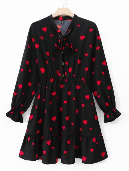 plus heart print flounce sleeve tie neck ruffle hem dress 39hm#, Black
plus heart print flounce sleeve tie neck ruffle hem dress 39hm#, Black