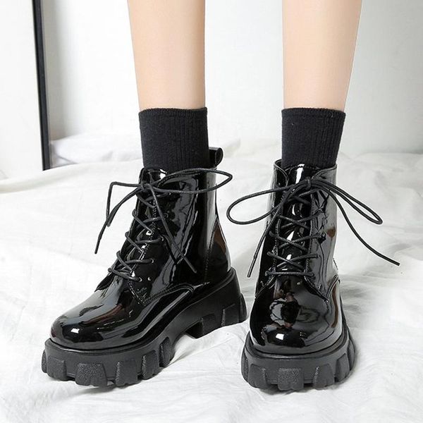 boots rimocy women patent leather motorcycle ankle punk chunky platform shoes woman thick bottom lace up short botas mujer 2021, Black 
boots rimocy women patent leather motorcycle ankle punk chunky platform shoes woman thick bottom lace up short botas mujer 2021, Black