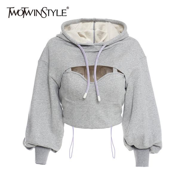 twotwinstyle hollow out gray sweatshirt for women hooded collar long sleeve fake two casual short female fashion fall 210805, Black
twotwinstyle hollow out gray sweatshirt for women hooded collar long sleeve fake two casual short female fashion fall 210805, Black