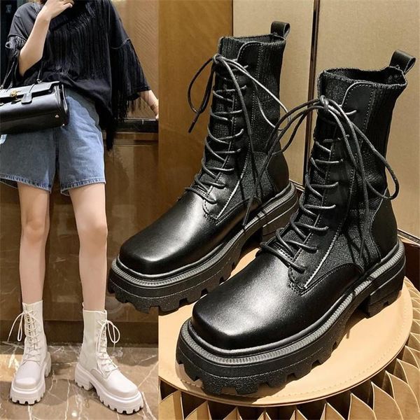 boots 2021 classic leather stretch fabric patchwork women ankle fashion square heel lace-up chunky platform, Black
boots 2021 classic leather stretch fabric patchwork women ankle fashion square heel lace-up chunky platform, Black