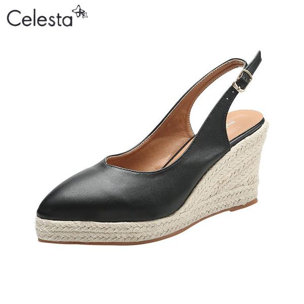 sandals celesta high heel wedge shoes 2021high-heeled espadrilles straw est breathable women female pointed toe slippers, Black