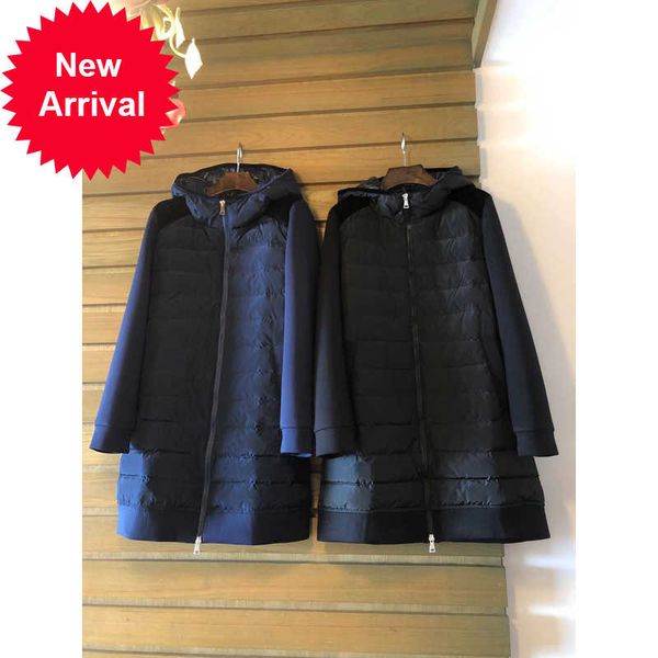 11.15 winter new fashion casual keep warm coat women striped patchwork space cotton shoulder velvet hooded long down jacket, Black