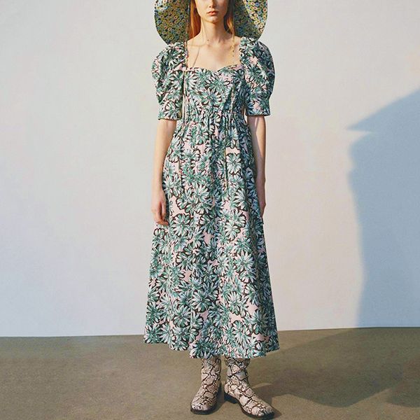 2021 new puff sleeve long summer vintage green floral print drawstring waist elegant party dresses women vestidos tgol, White
2021 new puff sleeve long summer vintage green floral print drawstring waist elegant party dresses women vestidos tgol, White