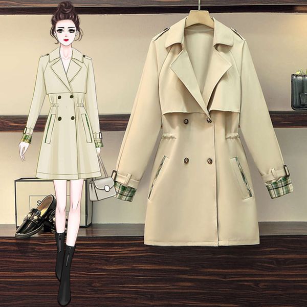 large size women's clothing 2021 early spring new fat sister medium length windbreaker waist thin cover meat work clothes age reducing, Tan;black