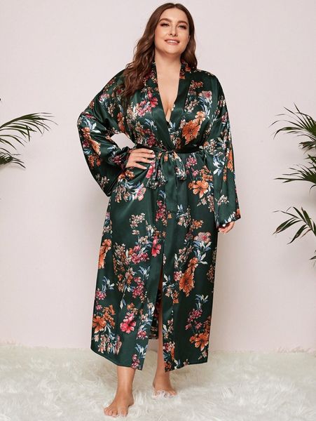plus floral print drop shoulder belted satin sleep robe without lingerie c9jk#, Black;white
plus floral print drop shoulder belted satin sleep robe without lingerie c9jk#, Black;white