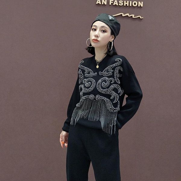women's two piece pants heavy work beaded chain tassel o neck knitwear pullover and black pencil trousers sets women casual tracksuit o, White
women's two piece pants heavy work beaded chain tassel o neck knitwear pullover and black pencil trousers sets women casual tracksuit o, White