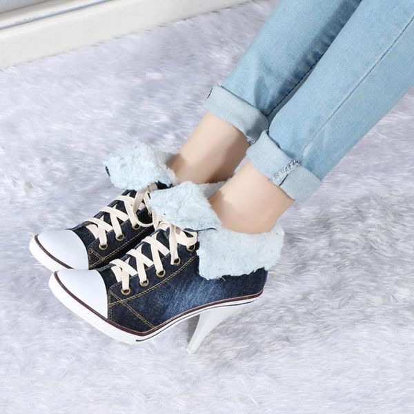 boots woman wool inside winter denim cloth ankle girl's spike high heels lace up cowboy shoes, Black
boots woman wool inside winter denim cloth ankle girl's spike high heels lace up cowboy shoes, Black