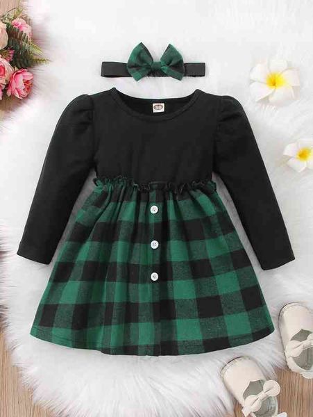 baby buffalo plaid panel puff sleeve dress with headband she, Red;yellow 
baby buffalo plaid panel puff sleeve dress with headband she, Red;yellow