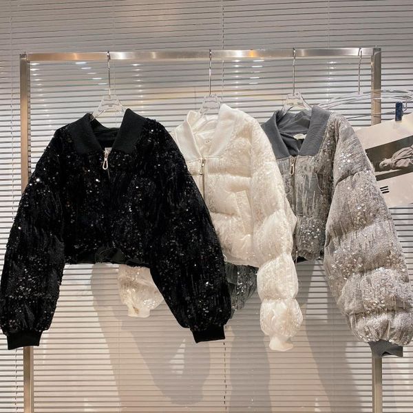 women's down & parkas high street est 2021 winter designer jacket loose style shimmer velvet sequin zip short, Black
women's down & parkas high street est 2021 winter designer jacket loose style shimmer velvet sequin zip short, Black