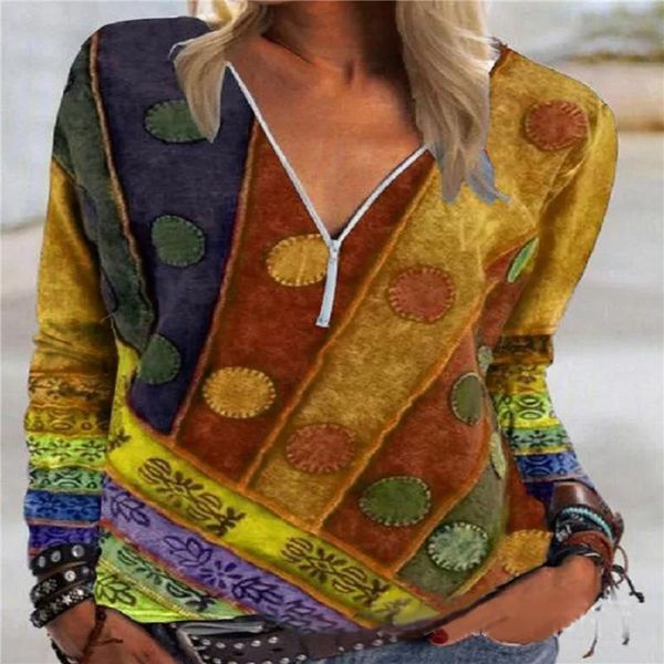 women's t-shirt bohemian vintage oversized retro print long sleeve zip v-neck casual pullover women t-shirts, White
women's t-shirt bohemian vintage oversized retro print long sleeve zip v-neck casual pullover women t-shirts, White