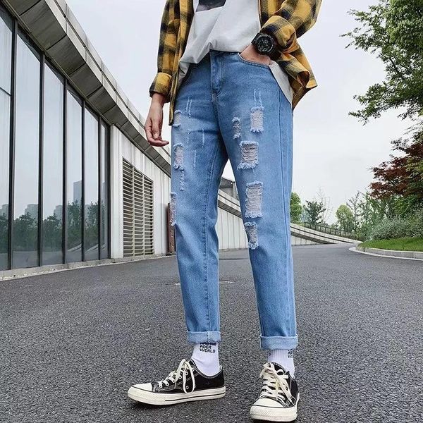men's jeans ripped hole pencil 2021 summer thin korean trendy wild slim feet mens beggar cropped hip hop streetwear pants, Blue
men's jeans ripped hole pencil 2021 summer thin korean trendy wild slim feet mens beggar cropped hip hop streetwear pants, Blue
