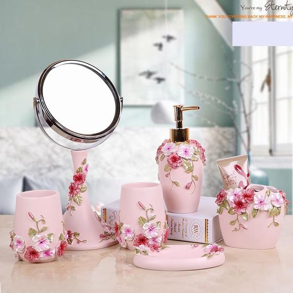 bath accessory set pink color floral resin five or six pieces bathroom accessary :1 liquid bottle 2 cups 1 toothbrush holder soap dispenser
bath accessory set pink color floral resin five or six pieces bathroom accessary :1 liquid bottle 2 cups 1 toothbrush holder soap dispenser