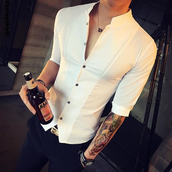 men's casual shirts stand collar chinese style shirt men slim fit korea clothes half sleeve summer designer club camisa masculina, White;black
men's casual shirts stand collar chinese style shirt men slim fit korea clothes half sleeve summer designer club camisa masculina, White;black