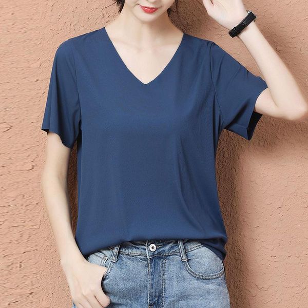 women's t-shirt the ice silk short-sleeved summer solid color women thin tide v-neck korean version loose-fitting top, White
women's t-shirt the ice silk short-sleeved summer solid color women thin tide v-neck korean version loose-fitting top, White