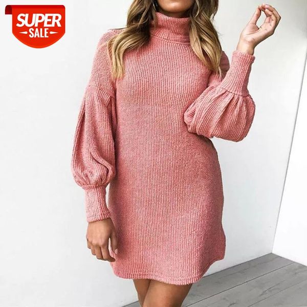 turtle neck bodycon knitted dress women puff long sleeve office casual sweater dress winter female autumn short vestidos #g37n, Black;gray